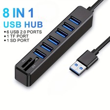 8 in 1 USB Hub with 6 USB 2.0 Ports, 1 TF Card Reader, 1 SD Card Slot - Multi