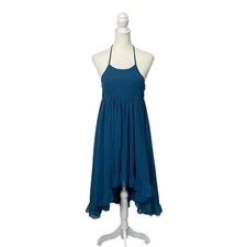 Azazie Teal Blue Chiffon High Low Halter Dress Lace Back Bridesmaid Formal Party