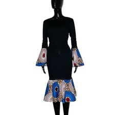 Stretchy Fitted Black African Midi Dress w/ Multi Colored Ankara Print Detail  