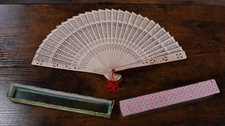 Vintage Pair Carved Asian Wooden Hand Fan in box Made In Republic Of China Rare