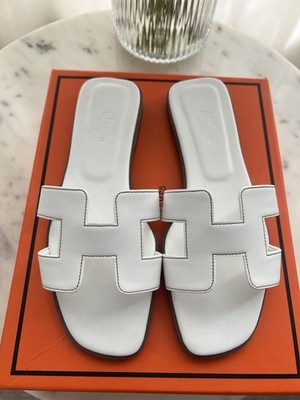 Hermes Oran Sandals White Leather Size 37 (US W 7) BRAND NEW With Box