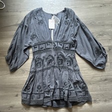 Free People Gray Mini Dress 6 Embroidered Lace V-Neck Long Balloon Sleeve