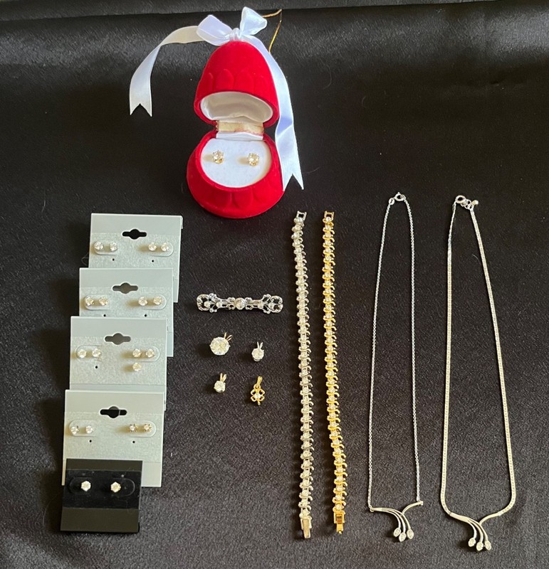 Lot of Vintage Cubic Zirconia Jewelry, Earrings (12) Bracelets (2), And More