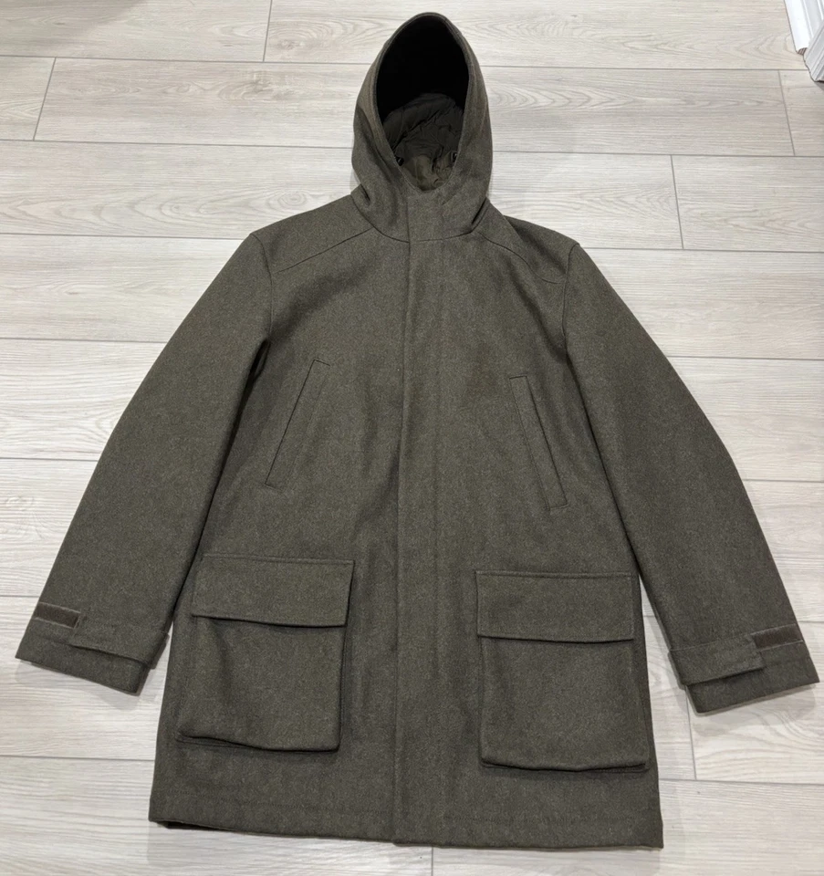 J.CREW Green Wool Blend HEAVY Quilted Lined Hooded Jacket Coat Men's Small - Image 3 of 4
