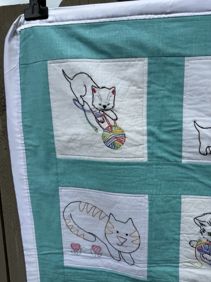 Blue Aqua Cats Kittens Handmade Quilt Baby Child Quilted Blanket 35x45 - Image 3 of 4