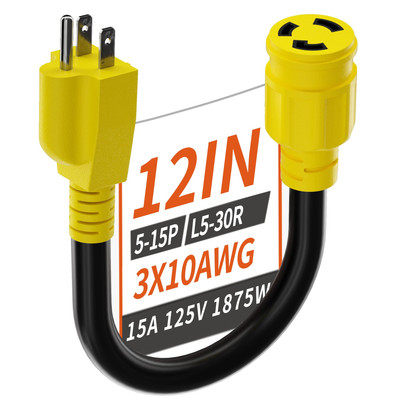 3 Prong 15 Amp to 30 Amp RV Generator Adapter Cord, NEMA 5-15 Male Plug to NE...