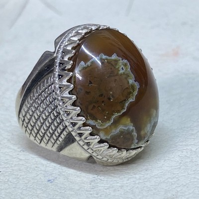 LUXURY 925 sterling silver mens ring with yemen map agate aqeeq عقيق خرئطي قوي