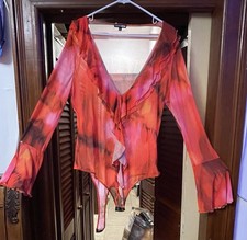 Fashion Nova Tie Dye Ruffle Sheer V-Neck Long Sleeve Bodysuit Red Mesh