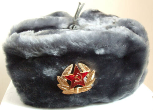 RUSSIAN AUTHENTIC USHANKA GRAY MILITARY HAT W/ SOVIET RED ARMY BADGE - Picture 1 of 2