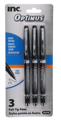 New Inc Optimus Felt Tip Pens Fine Point, 1 pack of 3 Pens ~Optimus ~ Black Ink