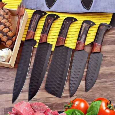 CUSTOM HAND MADE FORGED CARBON STEEL CHEF SET KITCHEN KNIVES W LEATHER BAG 2930