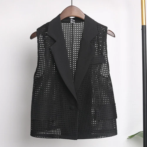 Lady Hollow Out Mesh Gilet Vest Loose Lapel Sleeveless Waistcoat Jacket Tops - Foto 5 di 17