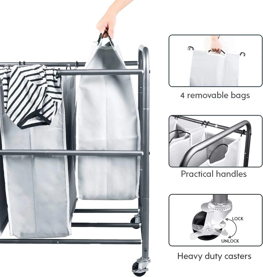 ROMOON 4 Section Heavy Duty Laundry Sorter, Separated Laundry Hamper Cart with W - Image 4 of 4