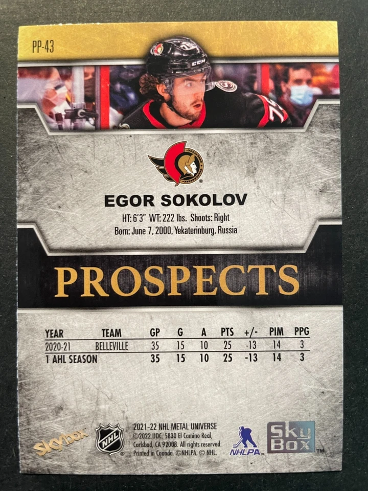 Egor SOKOLOV 2021-22 SkyBox Metal Universe Premium Prospects Sapphire #PP-43 - Image 2 of 2