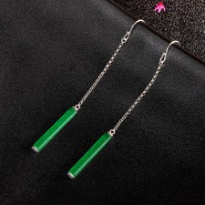 K03 Ohrringe Stab aus grüner Jade an Kettchen Sterling Silber 925