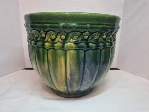 Bush McCoy Jardiniere Heavy Planter Pot Green Yellow Majolica 11"x9"Pottery 1920