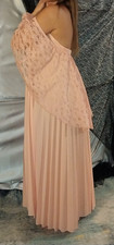 VTG SILKY NYLON Prairie PLEATS Peach LACE Southern SHOULDER BOHO MAXI Day DRESS