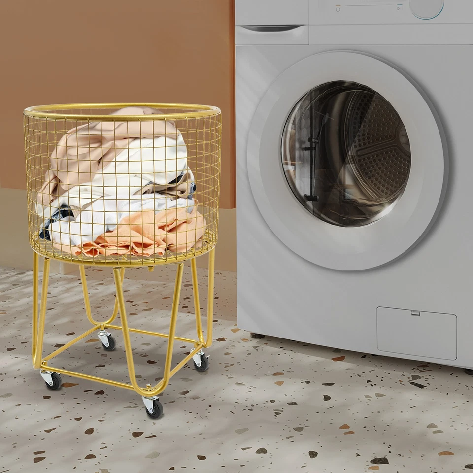 Modern Gold Metal Mesh Laundry Storage Cart Laundry Basket with Wheels - Image 3 of 4