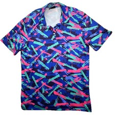 Yatta Golf Shirt Mens Sz XL Blue Pink AOP Geometric Performance Polo Pickleball
