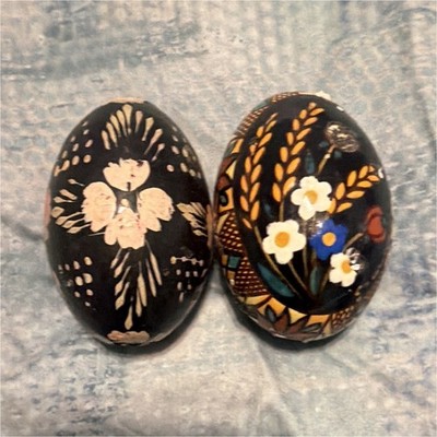 Lot of 2 Hand-Painted Decorative Eggs, Black Floral Design, Multicolor