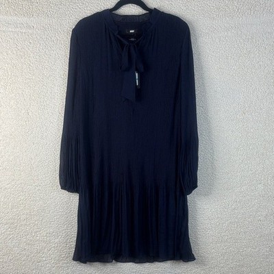 NWT DKNY Womens Navy Pleated Long Sleeve Tie Neck Shift Dress Size 16 | eBay
