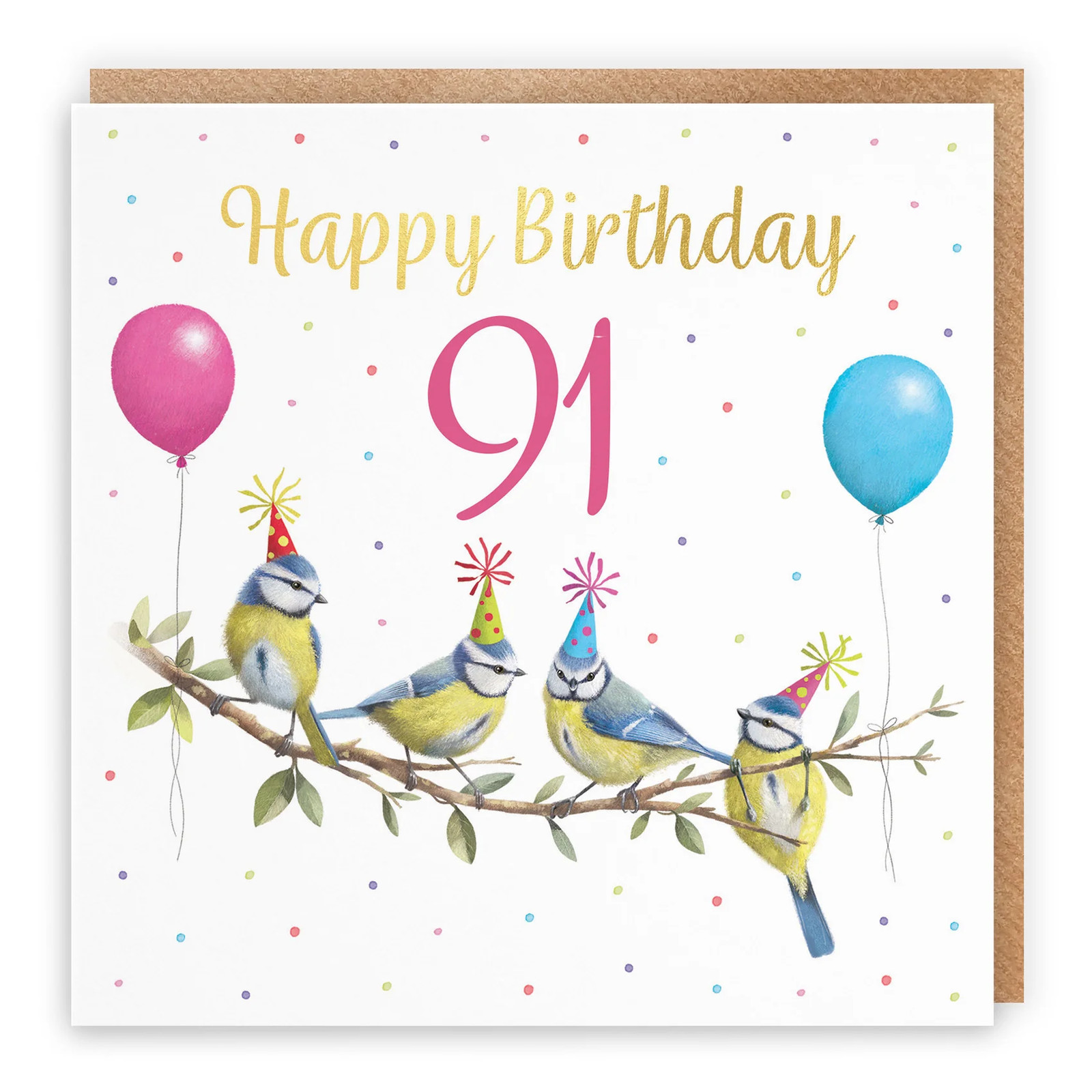91st Blue Tits Birthday Card Gold Foil Milo's Gallery