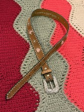 Nocona Western Belt Brown Leather Pink Hearts Cross Studs Rhinestones Size 28