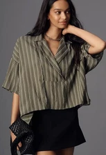 Anthropologie The Dylon Short Wide Sleeve Placket Oversized Top Green Stripe XS