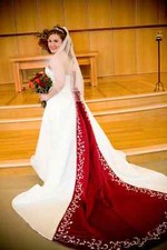 Fashion Satin A-Line Wedding Dress Red Embroidery Beaded Strapless Bridal Gowns