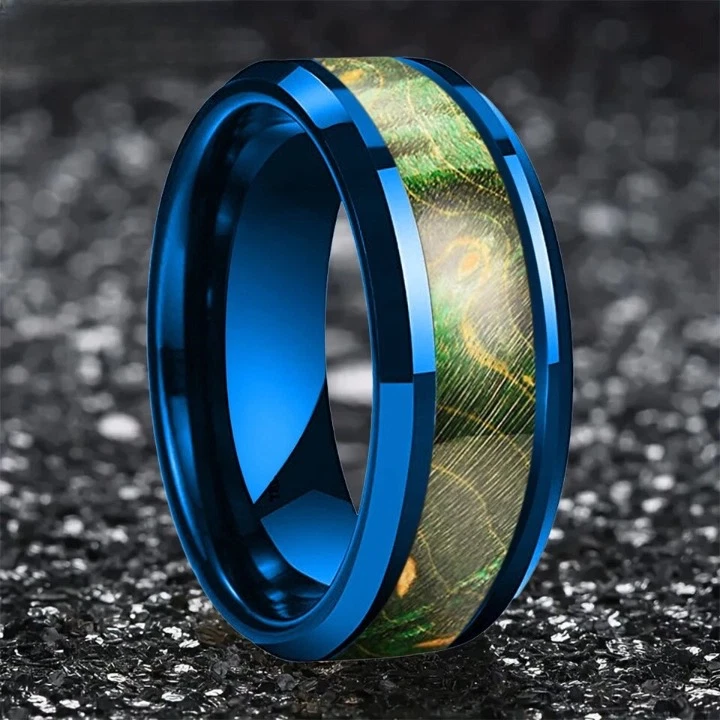 Anillo de tungsteno de 8 mm para hombre mujer con incrustaciones de madera verde anillo de alianza de boda Foto 2 de 4