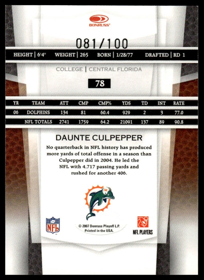 2007 Leaf Certified Materials #78 Daunte Culpepper Mirror Red #/100 - Image 2 of 2