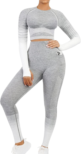 Workout Sets for Women 2 Piece Long Sleeve Gym Outfit Yoga Set Crop Top High Wai