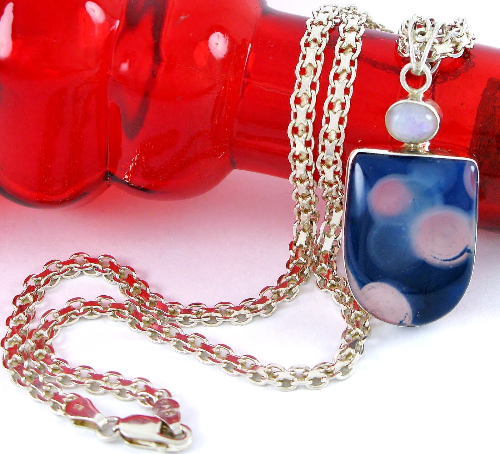 Solid Sterling Silver 925 Blue Agate Stone 18" Ne… - image 4