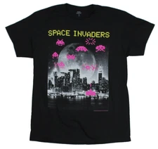 Space Invaders Adult New T-Shirt -  Full City Scape Moon Pic