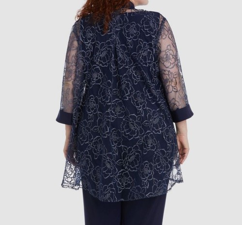R&M Richards Women Blue Floral Sheer Open-Front 3/4-Sleeve Jacket Plus Size 14W - Picture 2 of 2