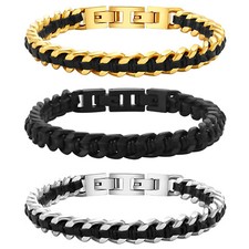 Men Women Cuban Chain Genuine Leather Bracelet Stainless Steel Bangle Adjustable