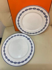 Hermes Paris Dinner Plate Chaine d'Ancre Blue Porcelain Tableware Set of 2 w/Box