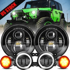 7'' Round LED Projector Headlights+4" Fog Lights+Turn Lamps for Jeep Wrangler JK
