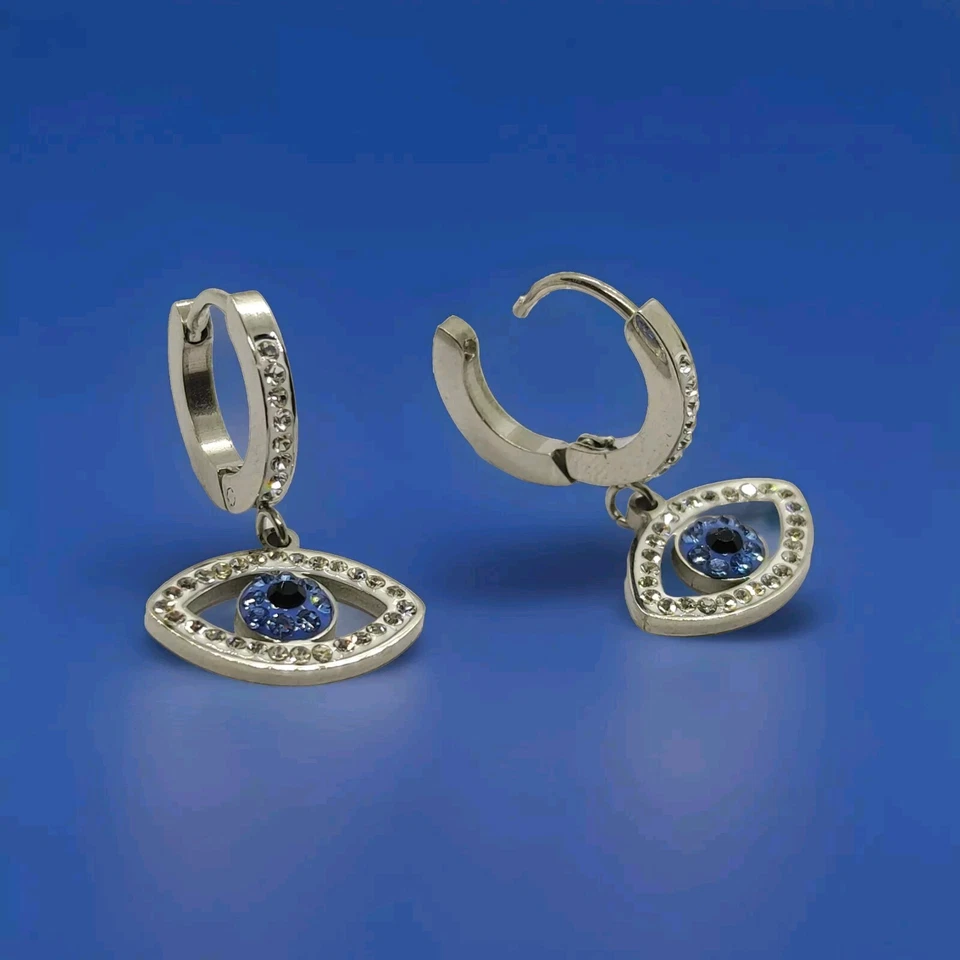 Orecchini Donna Acciaio con Zirconi. Orecchini Uomo Cerchio Con Occhio Greco - Immagine 3 di 4