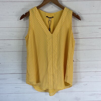 T Tahari Womens Pullover Tank Top XS Yellow Polka Dot V-Neck Lined Chiffon Poly
