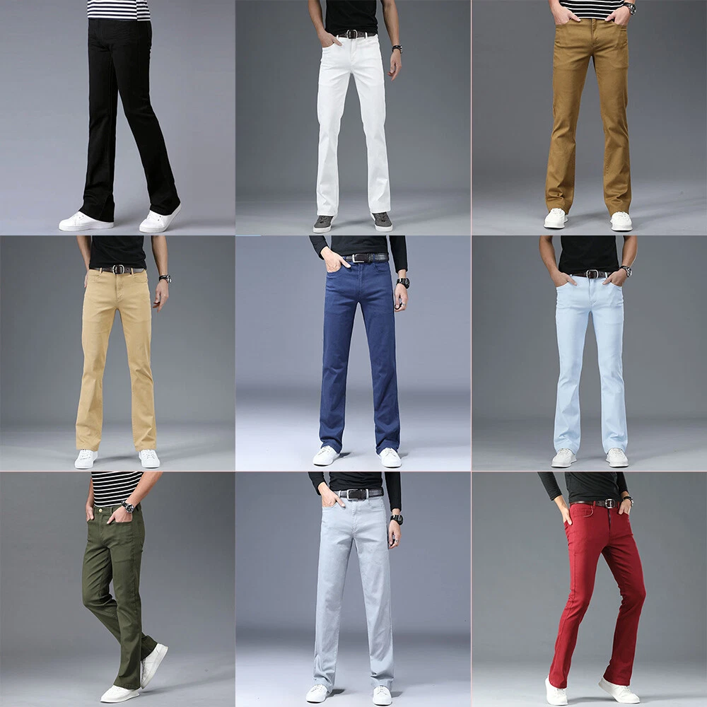 Mens Cargo Denim Flared Pants Stretch Trousers Slight Bell Bottom Flat Front