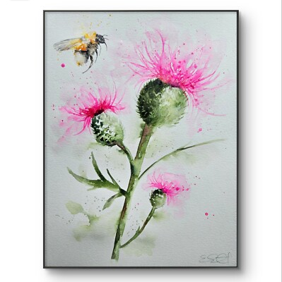 Original signiertes Aquarell Kunst Gemälde NEUE SERIE von Elle Smith Bee & Thistle