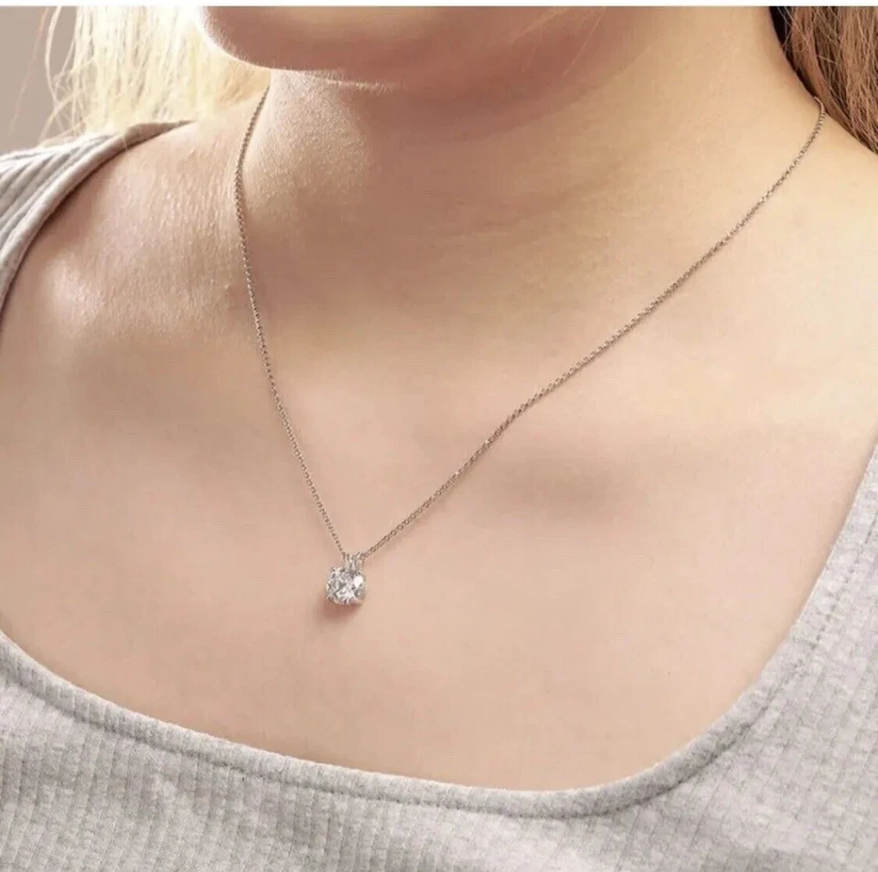 Real Moissanite Solitaire Necklace & Studs Earrings Set 3 Carat 14K White Gold - Image 3 of 4