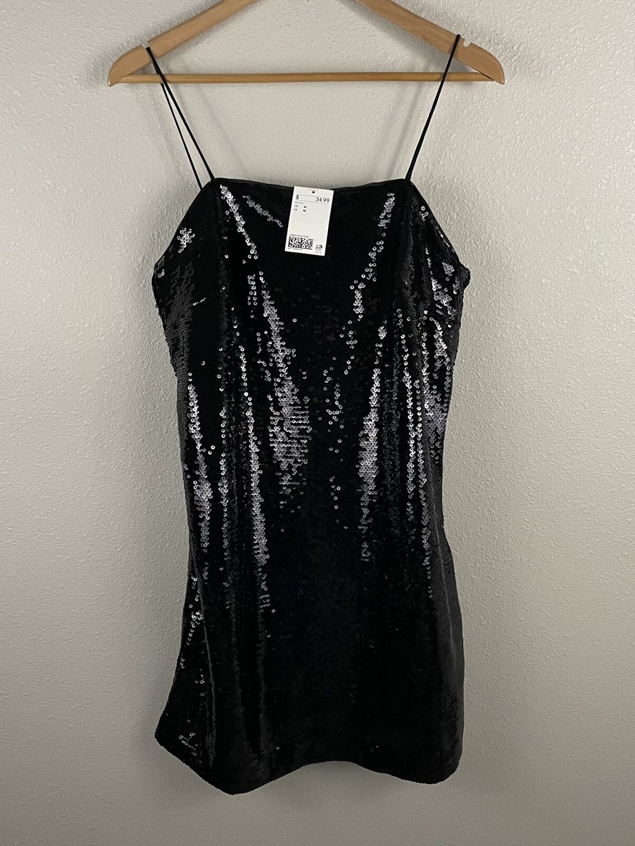 H&M Womens M Black Sequin Mini Dress Spaghetti Strap