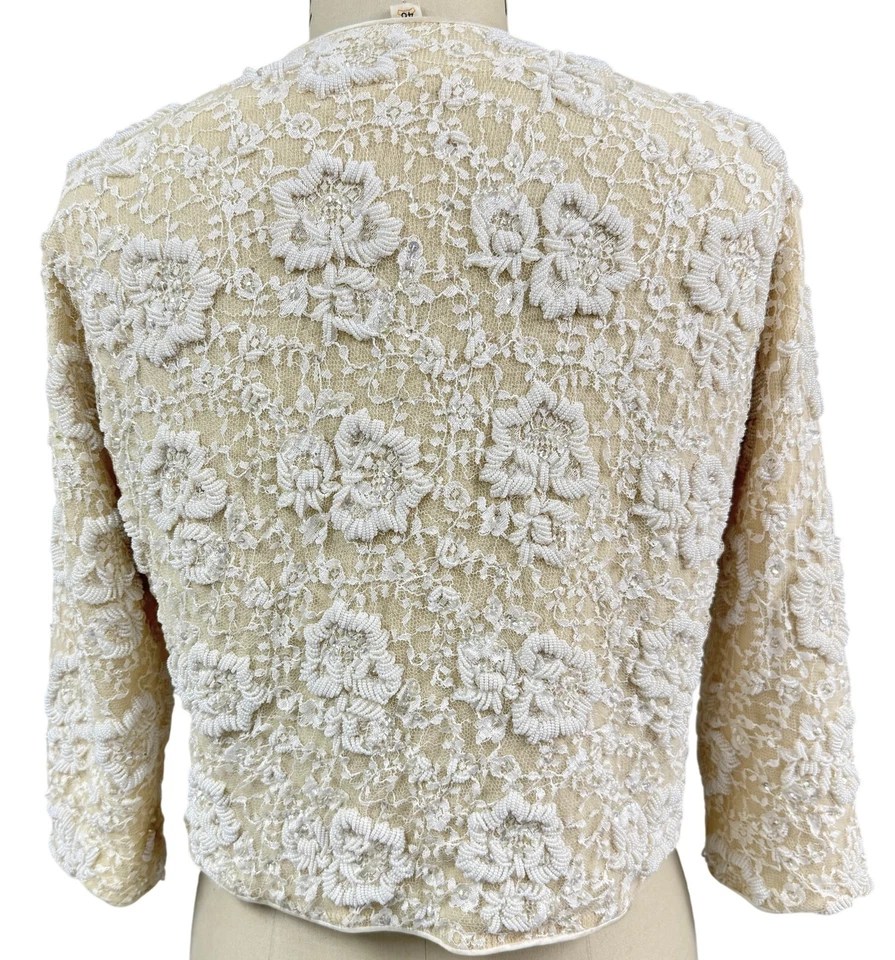 Cárdigan De Colección Años 50 Hong Kong Cuentas Marfil Cachemira Brújula Rosa VI AB Lentejuelas L Foto 4 de 4