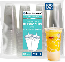 Clear Plastic Cups with Flat Lids and Straws 100 Cups - 24 Oz Disposable Tu...