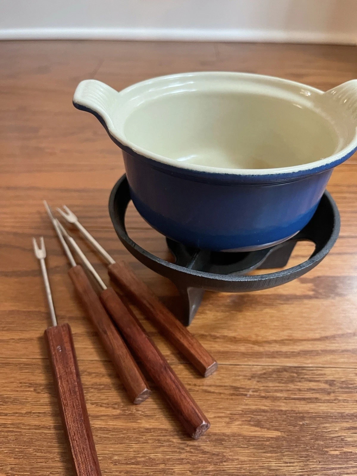 Vtg Le Creuset Chocolate Fondue Set No 14 Blue Butter Warmer Forks Complete Set