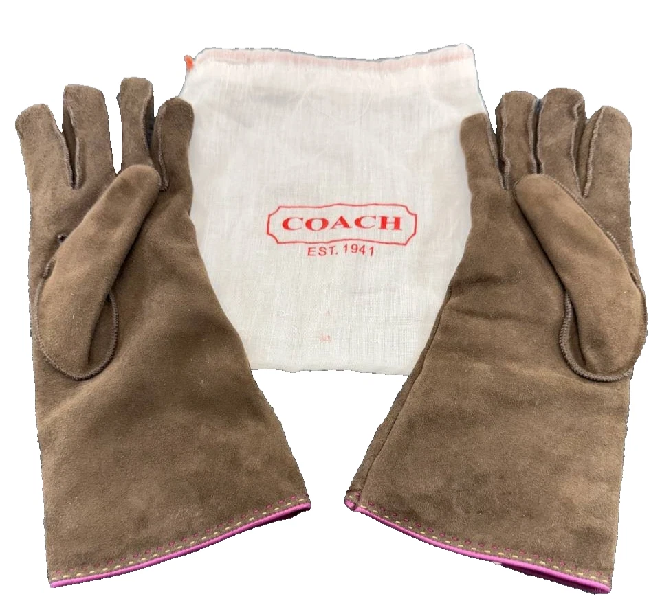 Coach Women's Suede Leather Gloves Brown 100% Cashmere Lined S 7.5 With Dust Bag