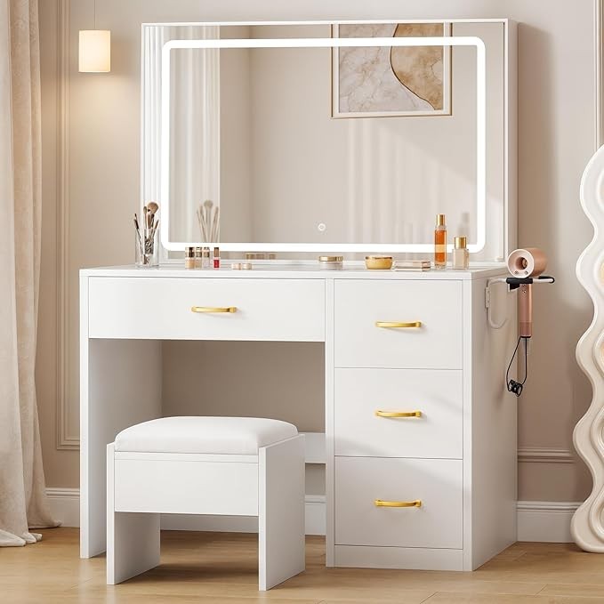 Vanity Desk Set with 35-Inch LED Mirror and Soft Lighting  