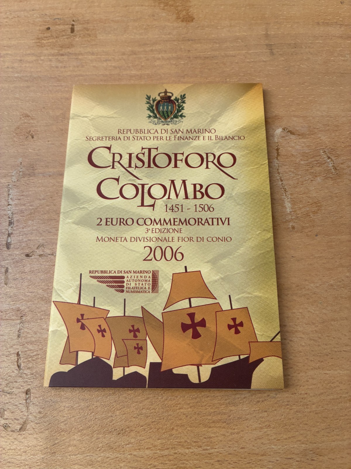 Piece de 2 euros commémorative de 2006 de Saint Marin sur Christophe Colomb.